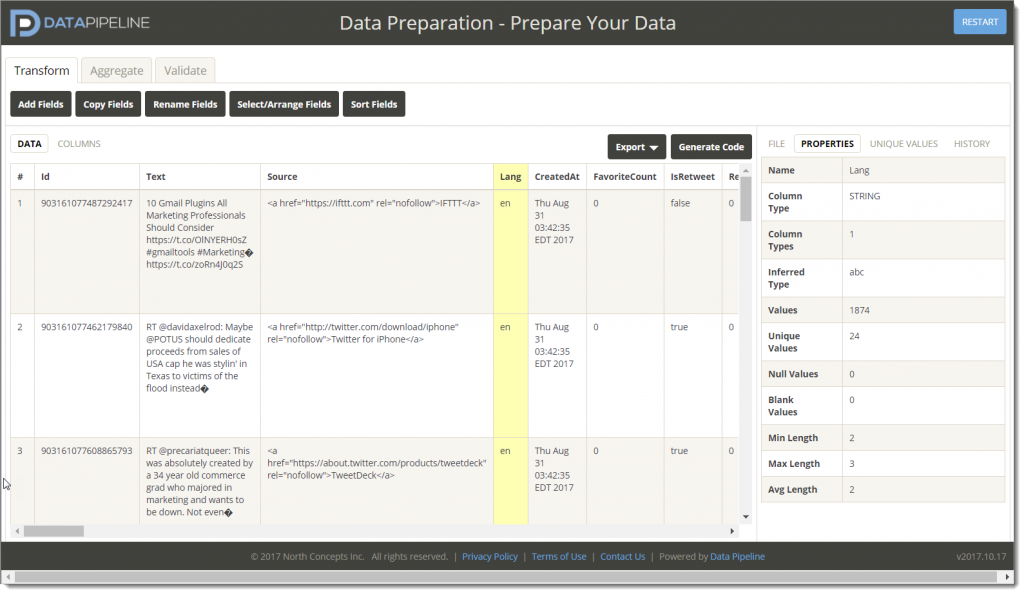 Online data prep and code generator for Data Pipeline